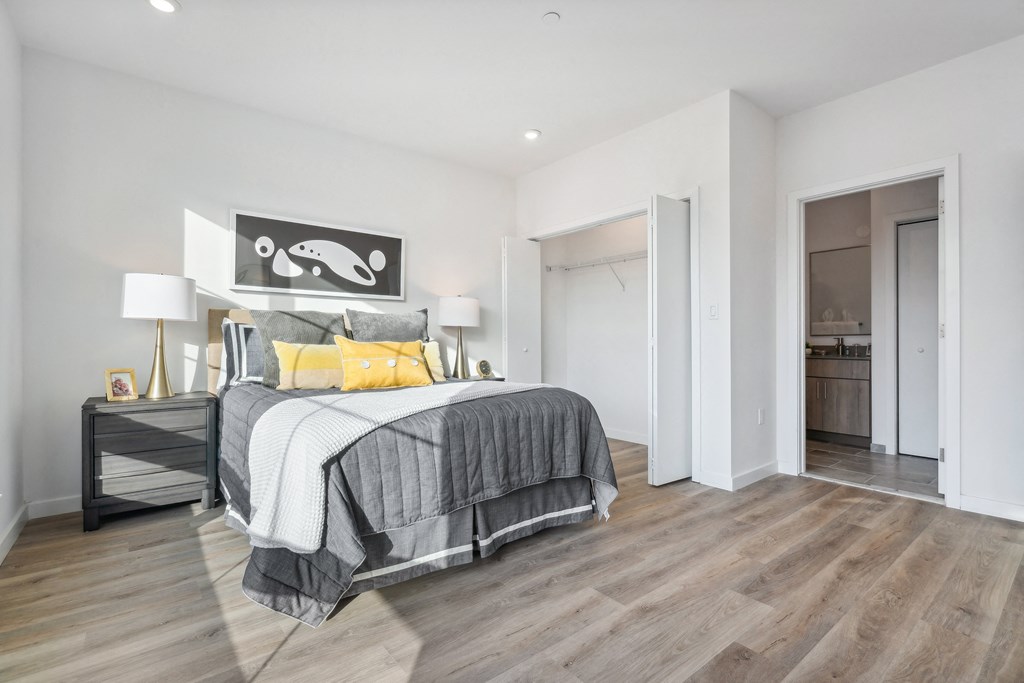 a bedroom with a bed and a closet