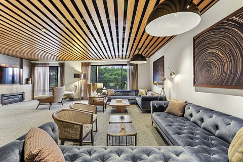 a living room with couches and chairs and a fireplace