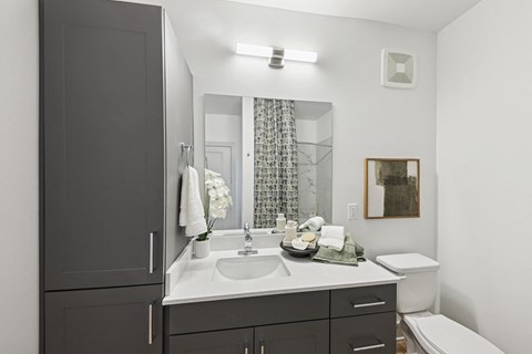 A bathroom with a sink, toilet, and a mirror.
