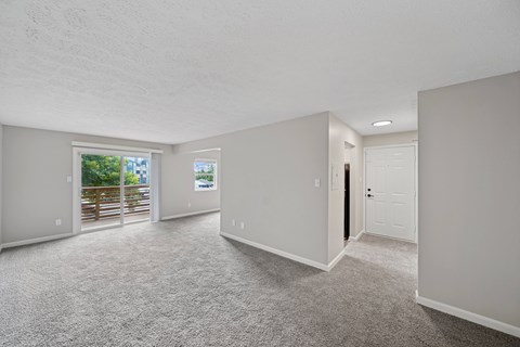 A spacious room with a carpeted floor and a door on the right side.