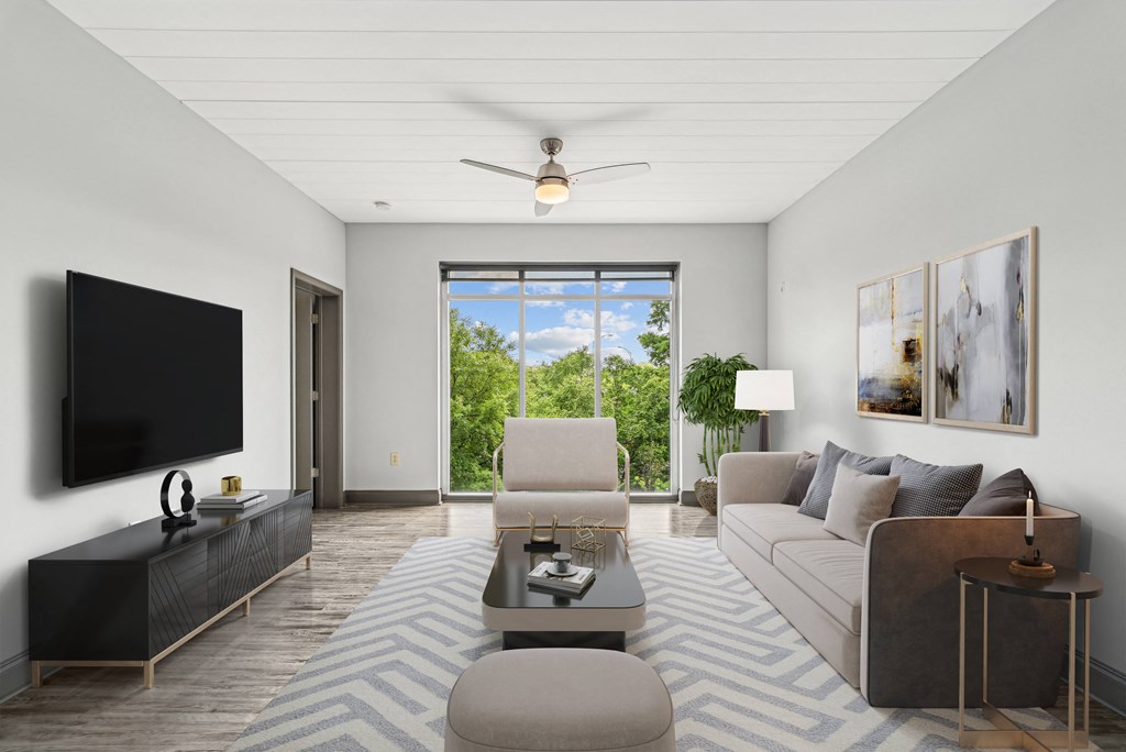 a living room with a couch and a coffee table