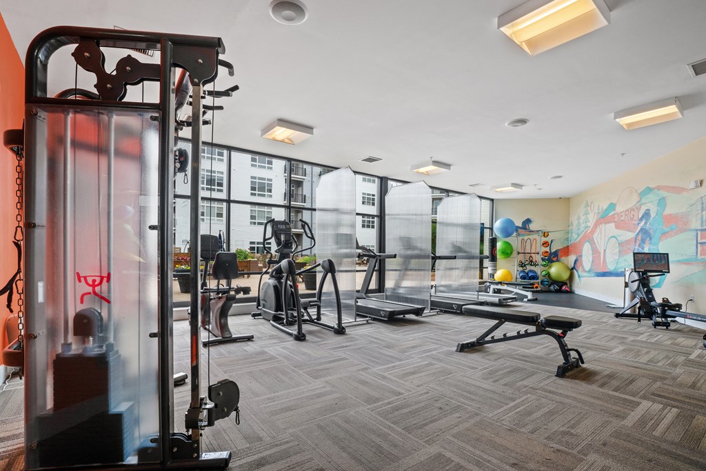 a spacious fitness room with floor to ceiling windows and a variety of exercise equipment
