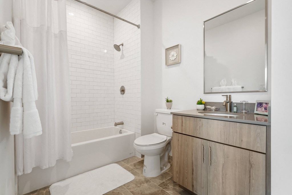 a bathroom with a shower toilet and sink and a mirror