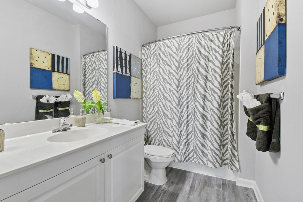 A bathroom with a white sink and a shower curtain with a zig zag pattern.
