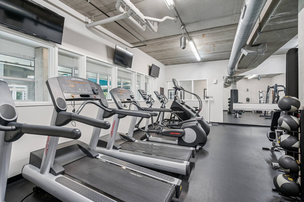 A gym with treadmills and exercise equipment.