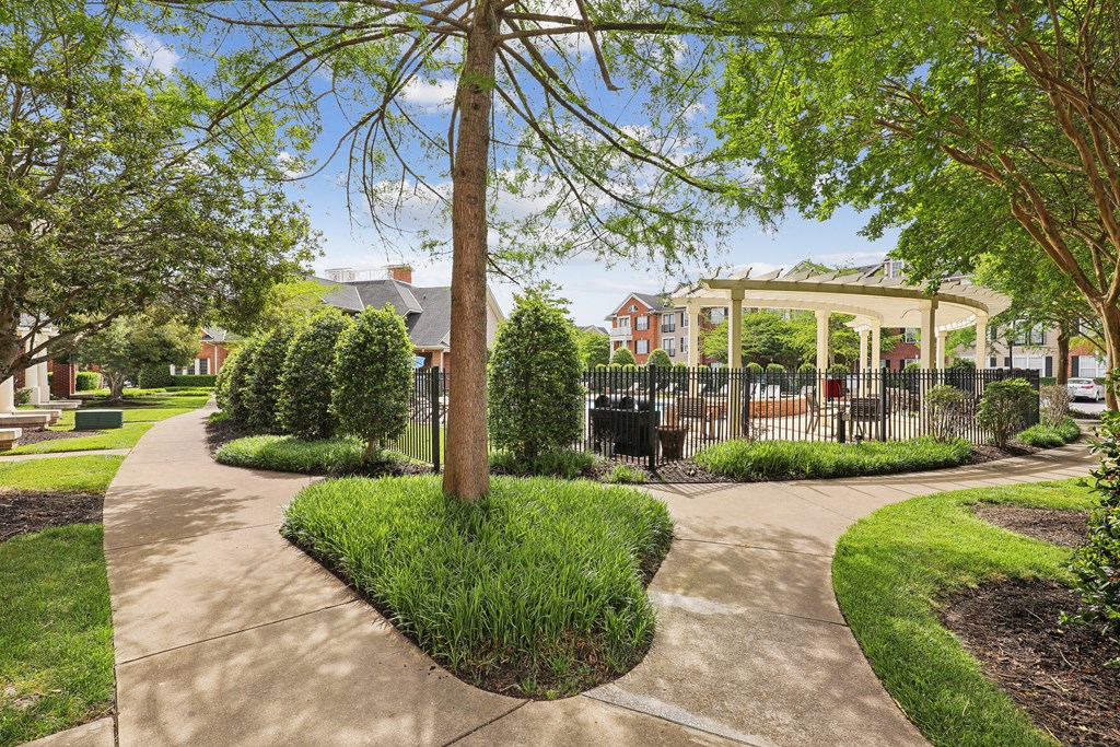 a park with trees and a gazebo