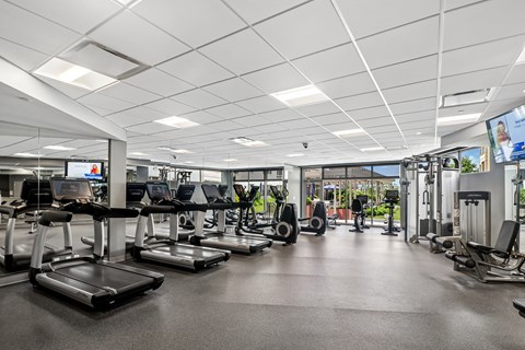 A spacious gym with treadmills, elliptical machines, and other exercise equipment.