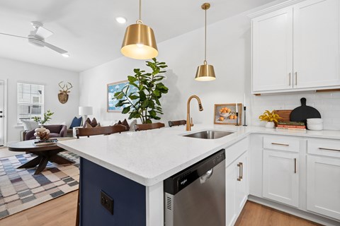 A kitchen with a white counter top and a black dishwasher.