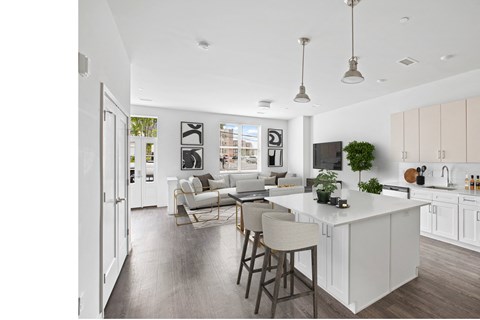 a kitchen and living room in a 555 waverly unit