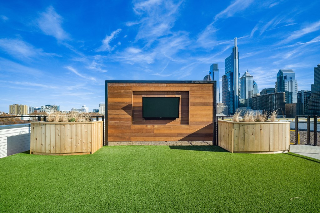 a backyard with grass and a tv on a wooden shed