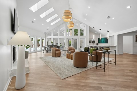 A modern living room with a large rug and a long table.