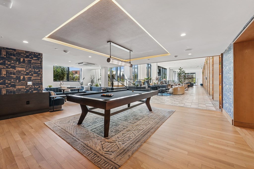 A room with a pool table and a large rug.