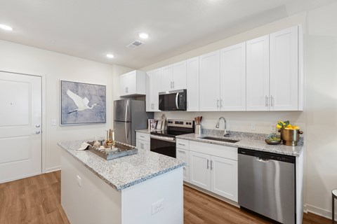 A kitchen with a granite counter top and stainless steel appliances.