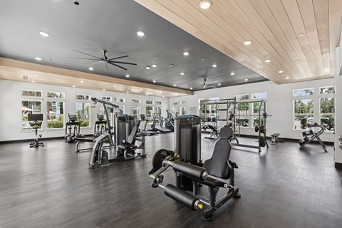 A gym with a variety of equipment including treadmills, weights, and a ceiling fan.