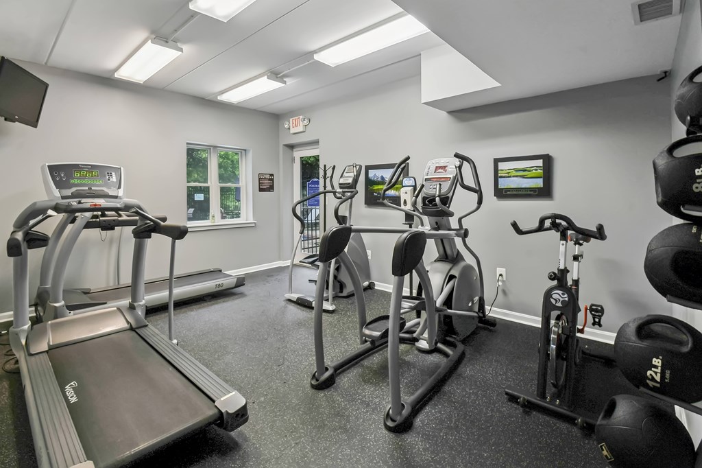 A gym with treadmills, exercise bikes, and weight racks.
