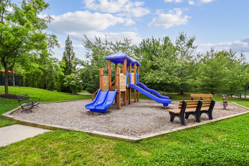 A playground with a blue slide and a wooden structure.