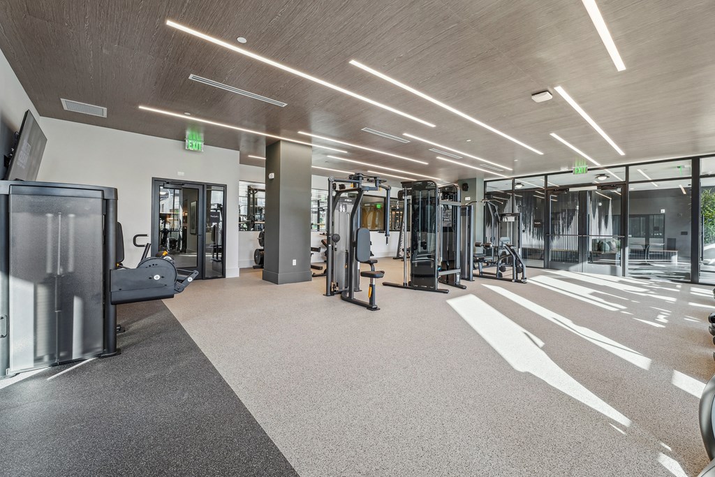 the gym at the flats at obsidiancontinued furnished area with exercise equipment