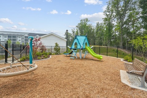 A playground with a blue slide and a brown slide.