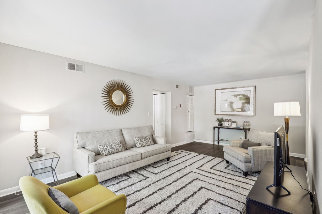 a living room with a white rug and a couch