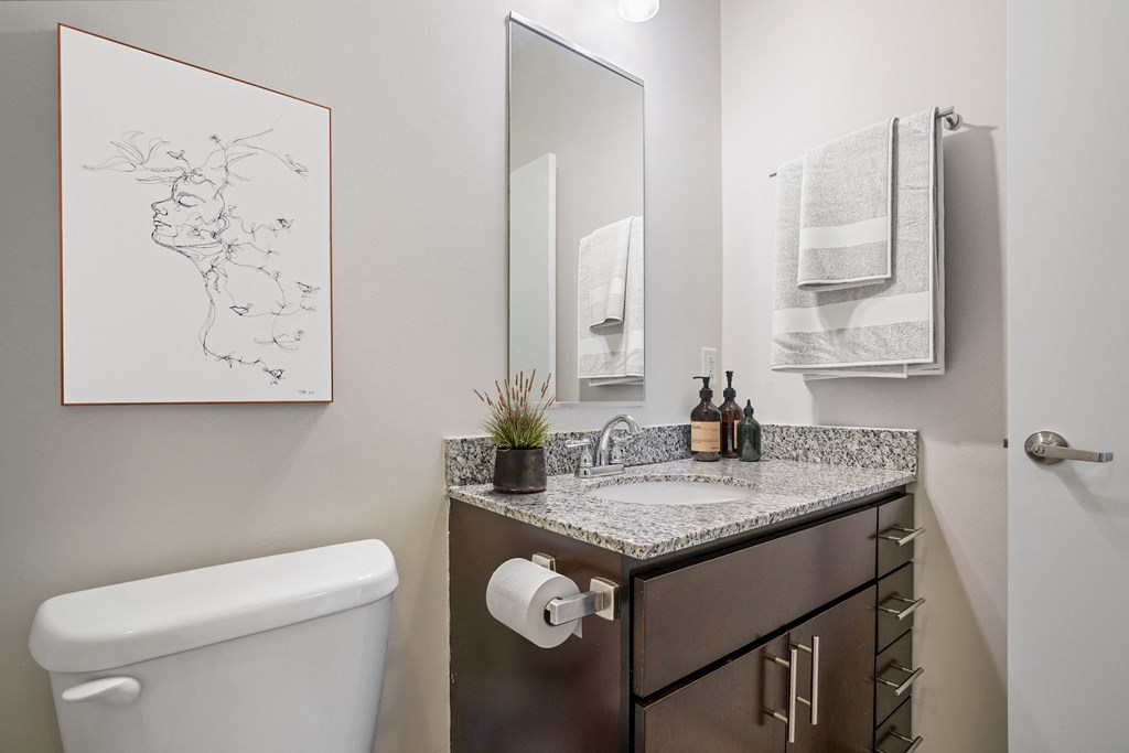 a bathroom with a toilet sink and mirror