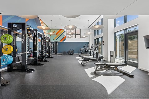 A gym with a variety of equipment including weights and weight machines.