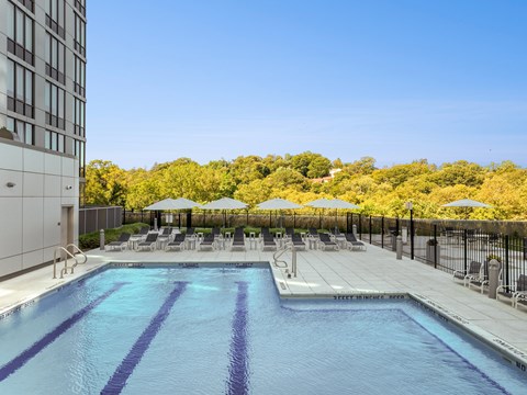 A large swimming pool with a diving board and lounge chairs.