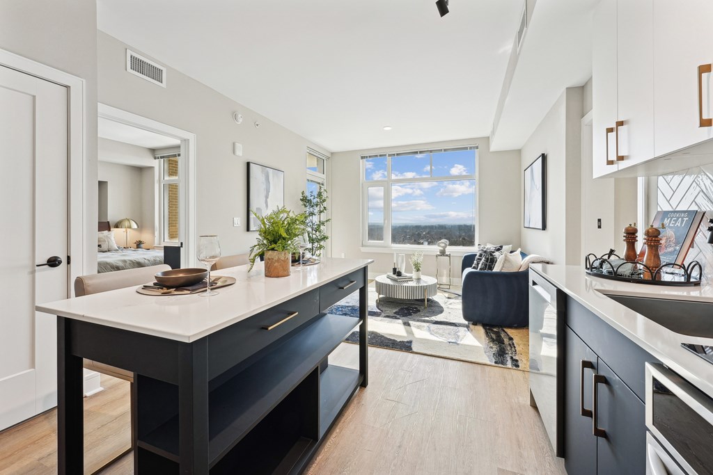 A modern kitchen with a large island and a view of the outdoors.