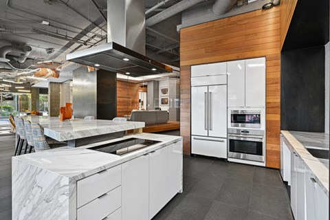 A modern kitchen with white cabinets and a wooden accent wall.