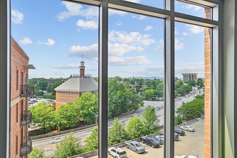 View of a city from a window at Rivers Edge Apartments, Greenville, SC