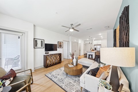 A living room with a white couch and a rug.