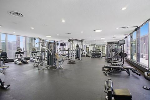 A spacious gym with a variety of equipment.