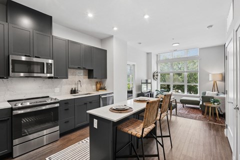 A modern kitchen with dark cabinets and stainless steel appliances.