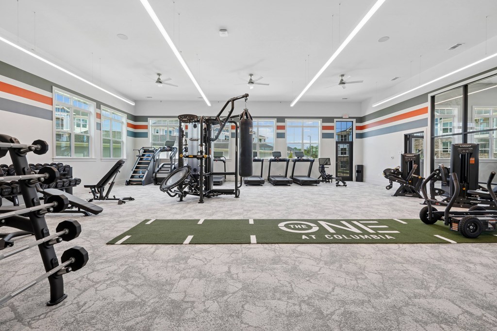 A gym with a variety of equipment including weights and cardio machines.