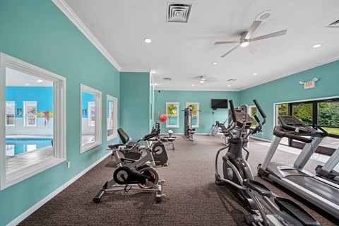 A gym with a variety of exercise equipment including treadmills, stationary bikes, and elliptical machines.