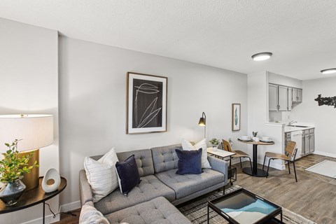 A living room with a grey couch, a coffee table, and a painting on the wall.