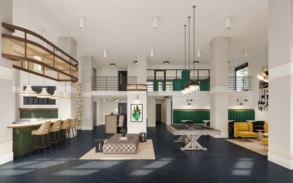 A modern living room with a black floor and white walls.