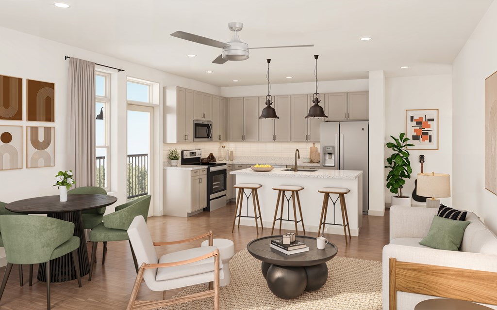 A modern kitchen with a dining table and chairs.