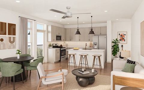 A modern kitchen with a dining table and chairs.