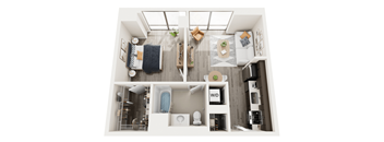 A top-down view of a small apartment with a kitchen, living room, and bathroom.