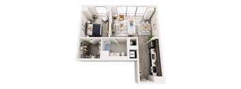 A top down view of a small apartment with a kitchen, living room, and bathroom.