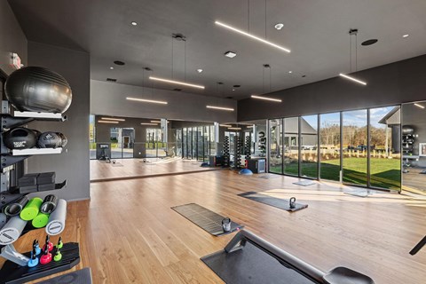 the gym is equipped with yoga mats and a glass walled workout area