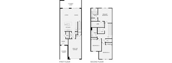A black and white image of a two-story house floor plan.