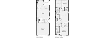 A black and white image of a two-story house floor plan.