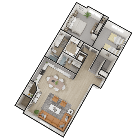 a 3d floor plan of a home with a bedroom and a living room