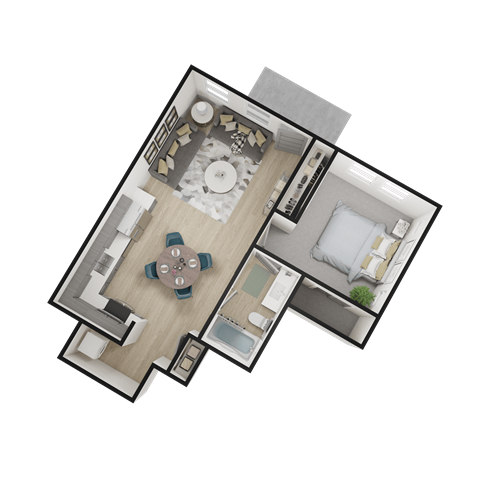 a 3d floor plan of a house with a bedroom and a living room