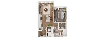 A top-down view of a small apartment layout with a living room, kitchen, and bathroom.
