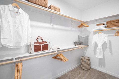 A white shirt is hanging on a wooden hanger in a white closet.