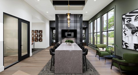 A modern dining room with a long table and chairs.