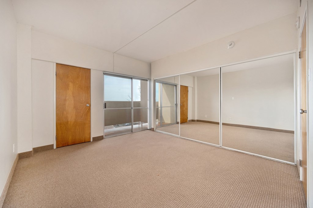 a living room with mirrored doors and a carpeted floor