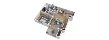 a 3d floor plan of a house with a bedroom and a living room